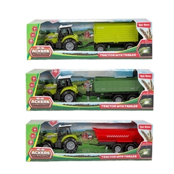 Traktor s vlekem plast 24cm na volný chod na baterie se světlem, zvukem 3 druhy v krabici 29x9cm