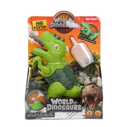 Dinosaurus pistole plast 13x16cm vypouštějící páru na baterie se světlem, zvukem 2 barvy v krabičce
