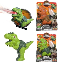 Dinosaurus pistole plast 13x16cm vypouštějící páru na baterie se světlem, zvukem 2 barvy v krabičce