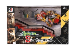 Skatepark - skateboard prstový šroubovací s rampou plast 8cm s doplňky mix druhů v krabici 28x18cm