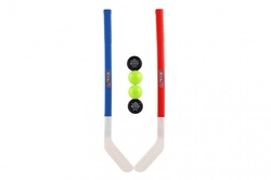 Hokejka plast 73cm s pukem a míčkem 2 barvy v síťce