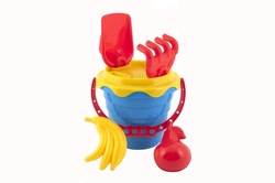 Sada na písek plast kbelík se sítkem 15x13cm, lopatka, hrabičky, 2 bábovky 4 barvy v síťce 12m+