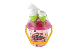 Sada na písek plast kbelík + formičky zmrzlina 2 barvy v síťce 18x28x17cm 12m+
