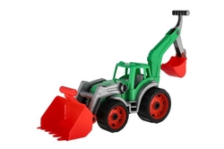 Traktor/nakladač/bagr se 2 lžícemi plast na volný chod 2 barvy v síťce 16x35x16cm