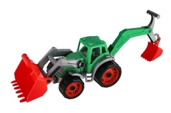 Traktor/nakladač/bagr se 2 lžícemi plast na volný chod 2 barvy v síťce 16x35x16cm