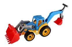 Traktor/nakladač/bagr se 2 lžícemi plast na volný chod 2 barvy v síťce 16x35x16cm