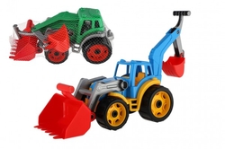 Traktor/nakladač/bagr se 2 lžícemi plast na volný chod 2 barvy v síťce 16x35x16cm
