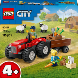 Červený traktor s přívěsem a ovcemi