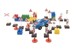 Stavebnice LORI 11 Autoškola Dopravní značky 16ks+2 kužely+auto plast v krabici 22x13x6cm