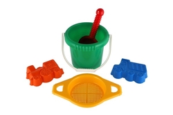 Kbelík sítko lopatka 2 bábovky plast v síťce 12m+